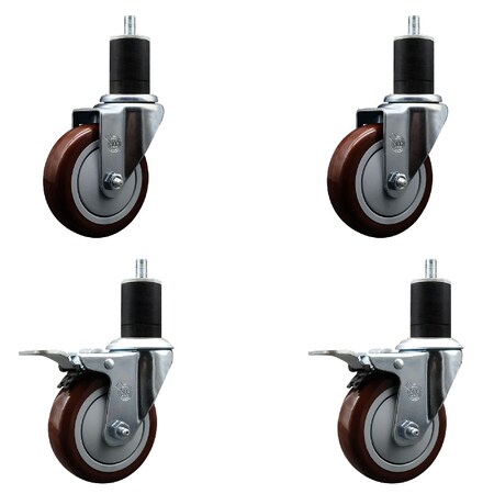 Service Caster 4'' Maroon Poly Swivel 1-3/4'' Expanding Stem Caster Set 2 Total Lock Brakes, 4PK SCC-EXTTL20S414-PPUB-MRN-2-S-2-134